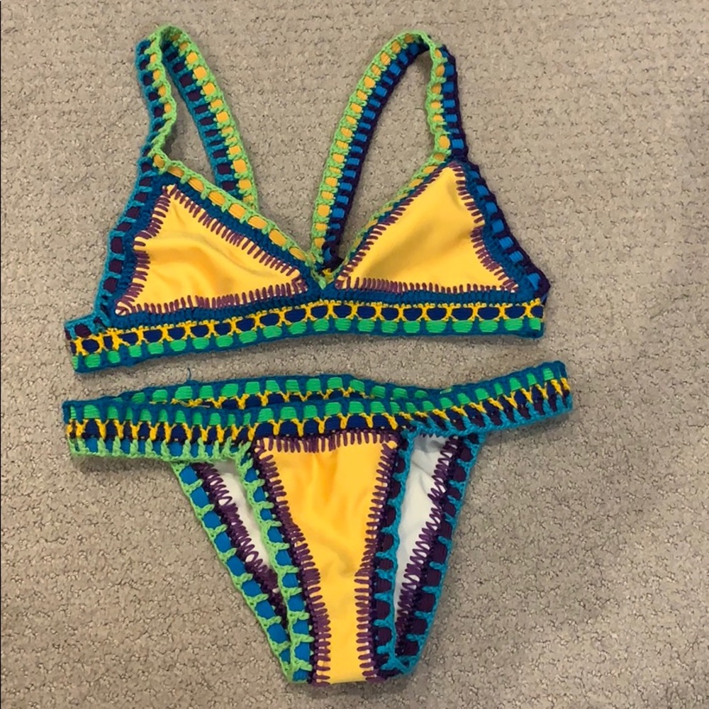 Yellow & multicolor embroidered and elastic bikini